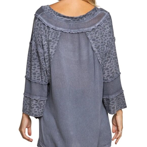POL Charcoal Leopard Print Mixed Media Bohemian Top Size L - Picture 4 of 7